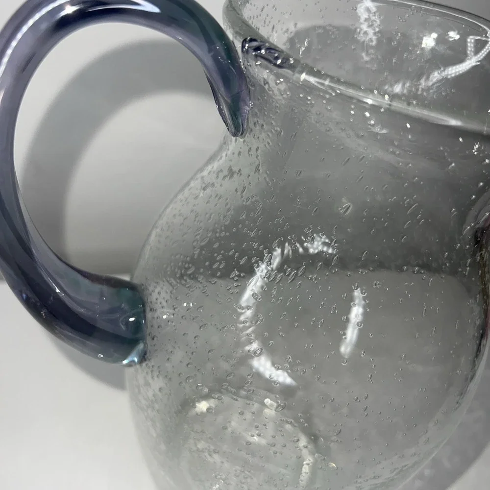 10/Vtg Pottery Barn Blown Bubble Glass Pitcher  Blue Stem Goblets Set of 4 HEAVY